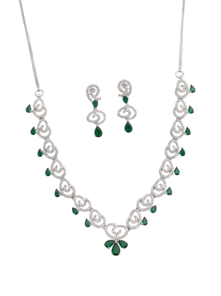 Elegant Silver-Plated American Diamond & Emerald Green Stone Necklace Set