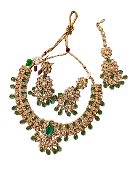 Royal Kundan & Emerald Green Stone Choker Set with Maang Tikka — view 1