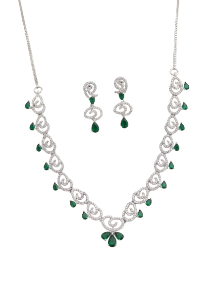 Elegant Silver-Plated American Diamond & Emerald Green Stone Necklace Set — view 1